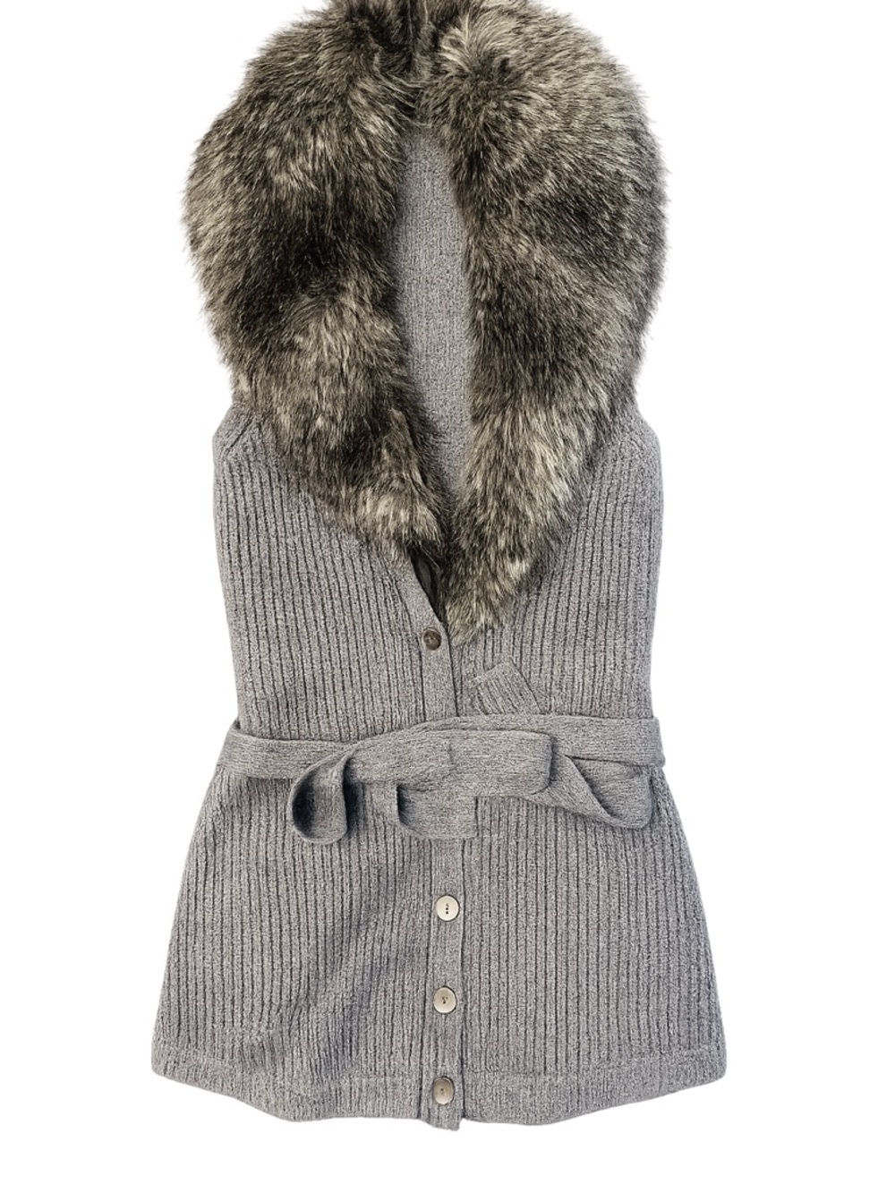 Knit Hooded Vest with Faux Fur Trim - Gray